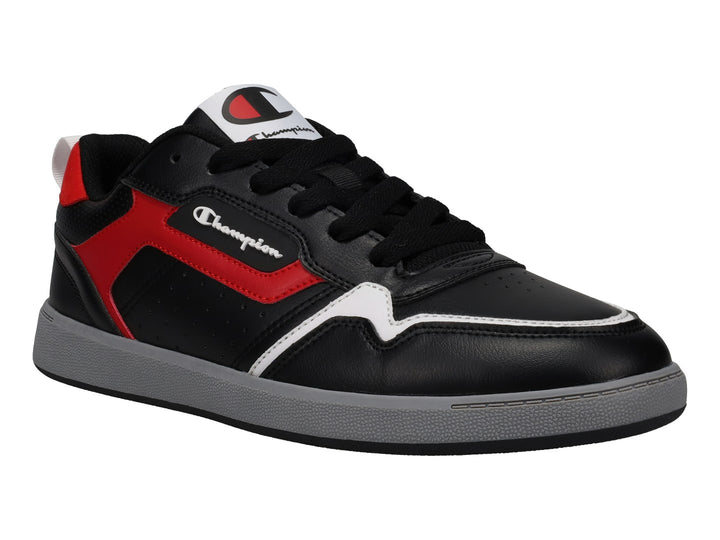 Tenis deportivos Champion color negro con detalles en rojo y suela gris.