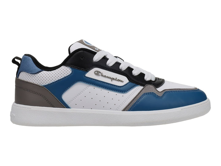 Tenis deportivos Champion en colores blanco, azul, gris y negro con suela blanca.