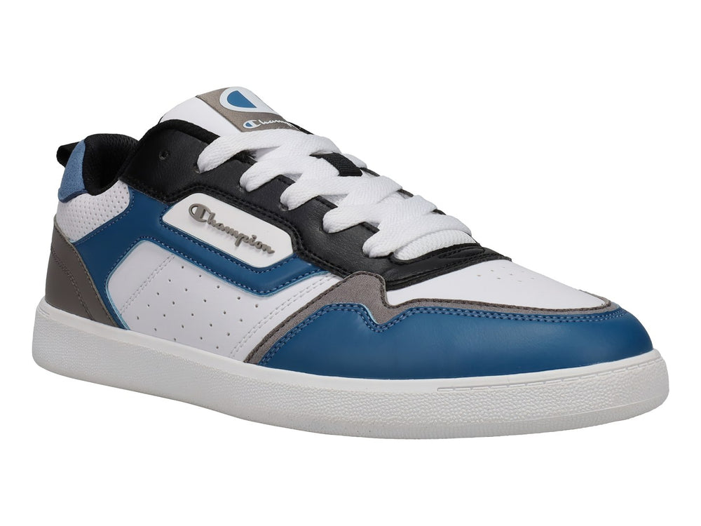 Tenis deportivos Champion en colores blanco, azul, gris y negro con suela blanca.
