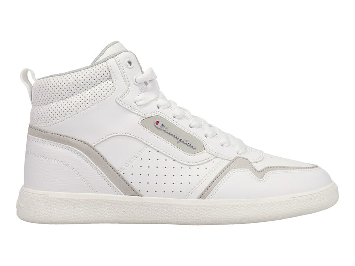 Tenis Champion de bota alta en color blanco con detalles en gris y suela blanca.