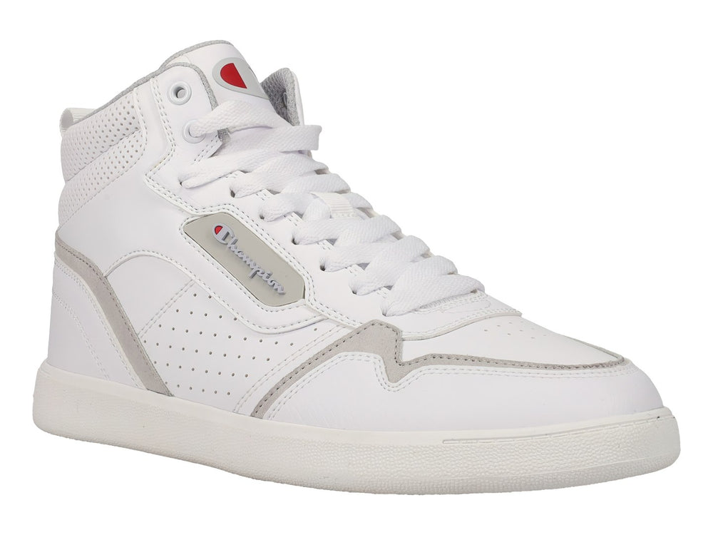 Tenis Champion de bota alta en color blanco con detalles en gris y suela blanca.