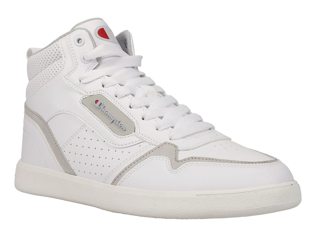 Tenis Champion de bota alta en color blanco con detalles en gris y suela blanca.