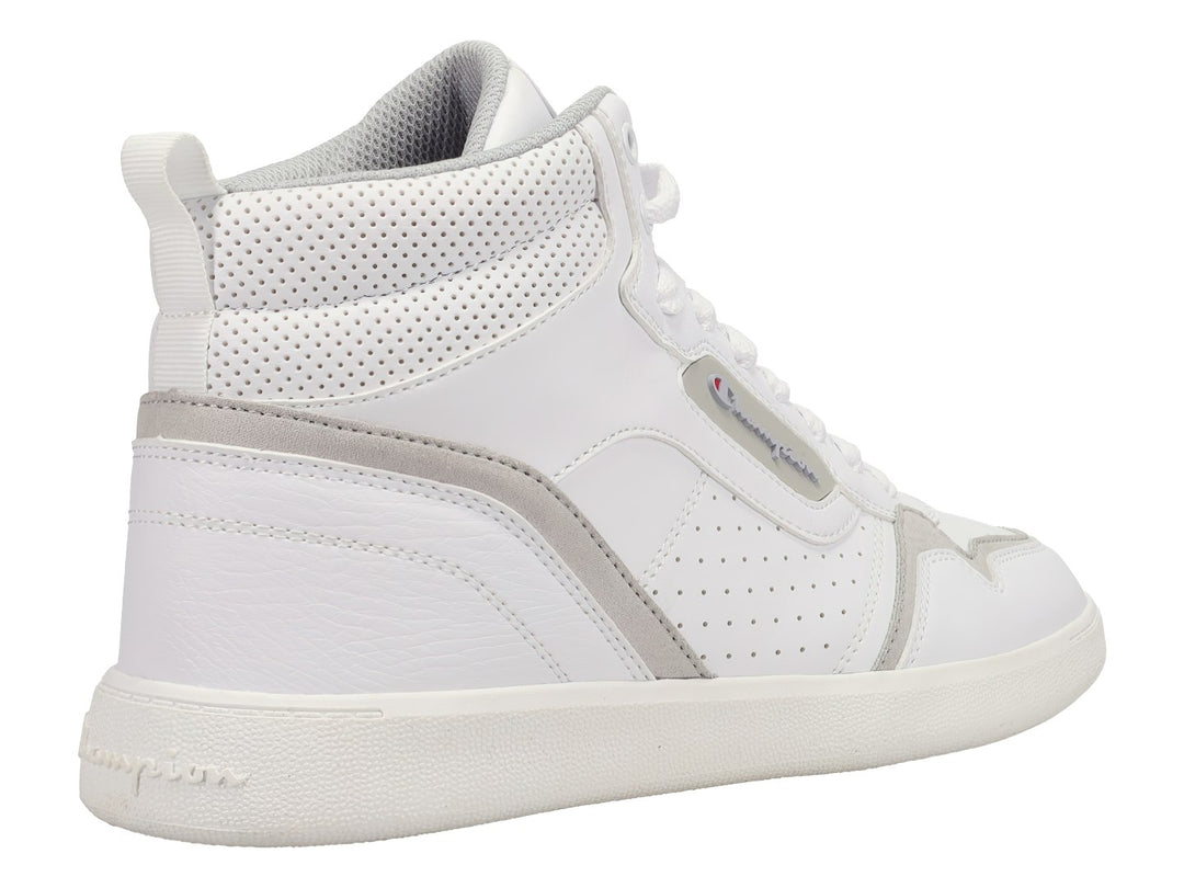 Tenis Champion de bota alta en color blanco con detalles en gris y suela blanca.