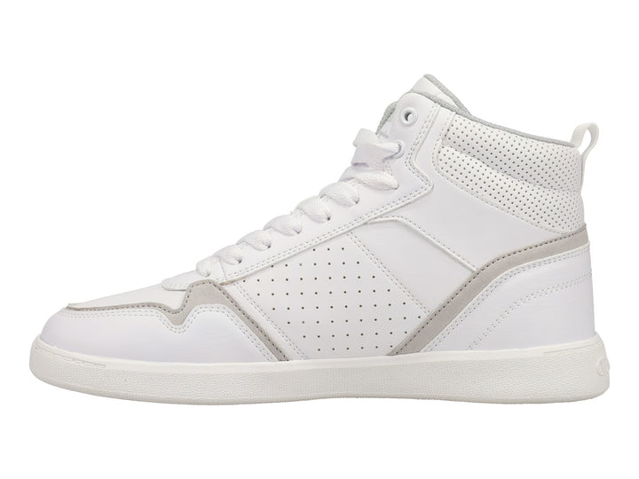 Tenis Champion de bota alta en color blanco con detalles en gris y suela blanca.