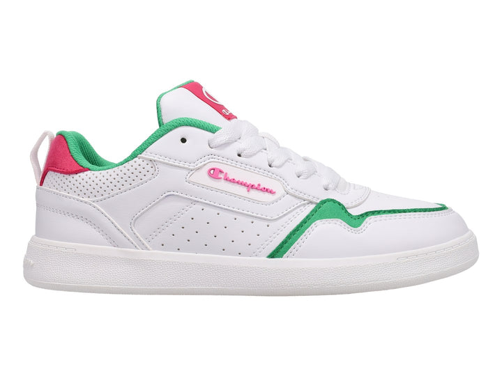 Tenis deportivos Champion color blanco con detalles en rosa y verde, diseño de corte bajo para niña.