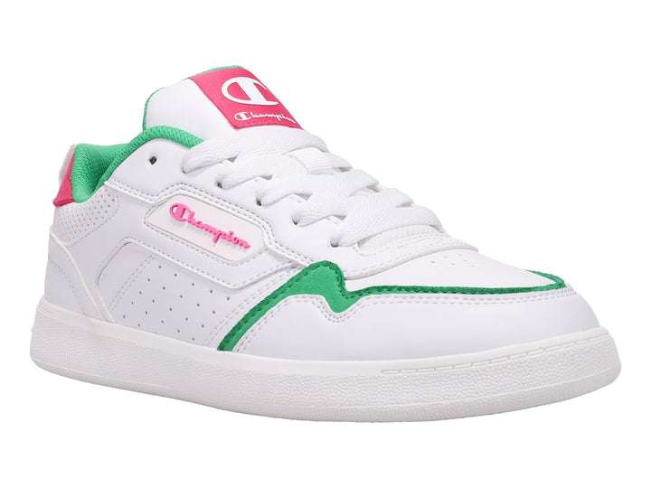 Tenis deportivos Champion color blanco con detalles en rosa y verde, diseño de corte bajo para niña.