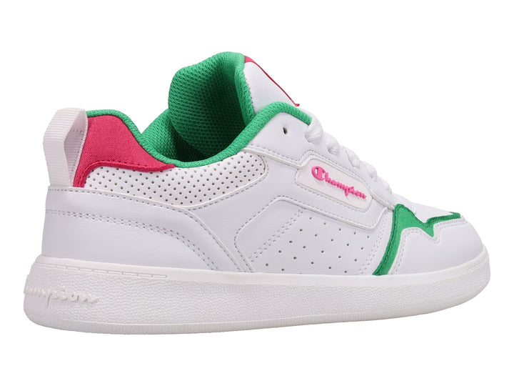 Tenis deportivos Champion color blanco con detalles en rosa y verde, diseño de corte bajo para niña.