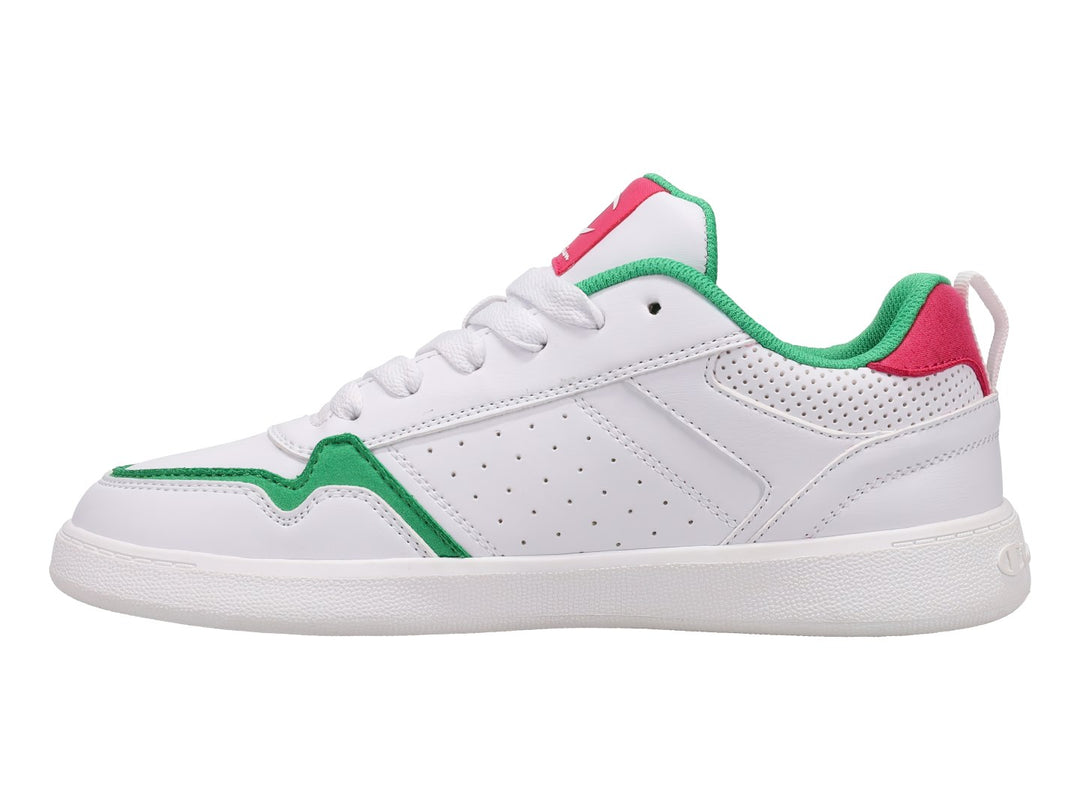 Tenis deportivos Champion color blanco con detalles en rosa y verde, diseño de corte bajo para niña.