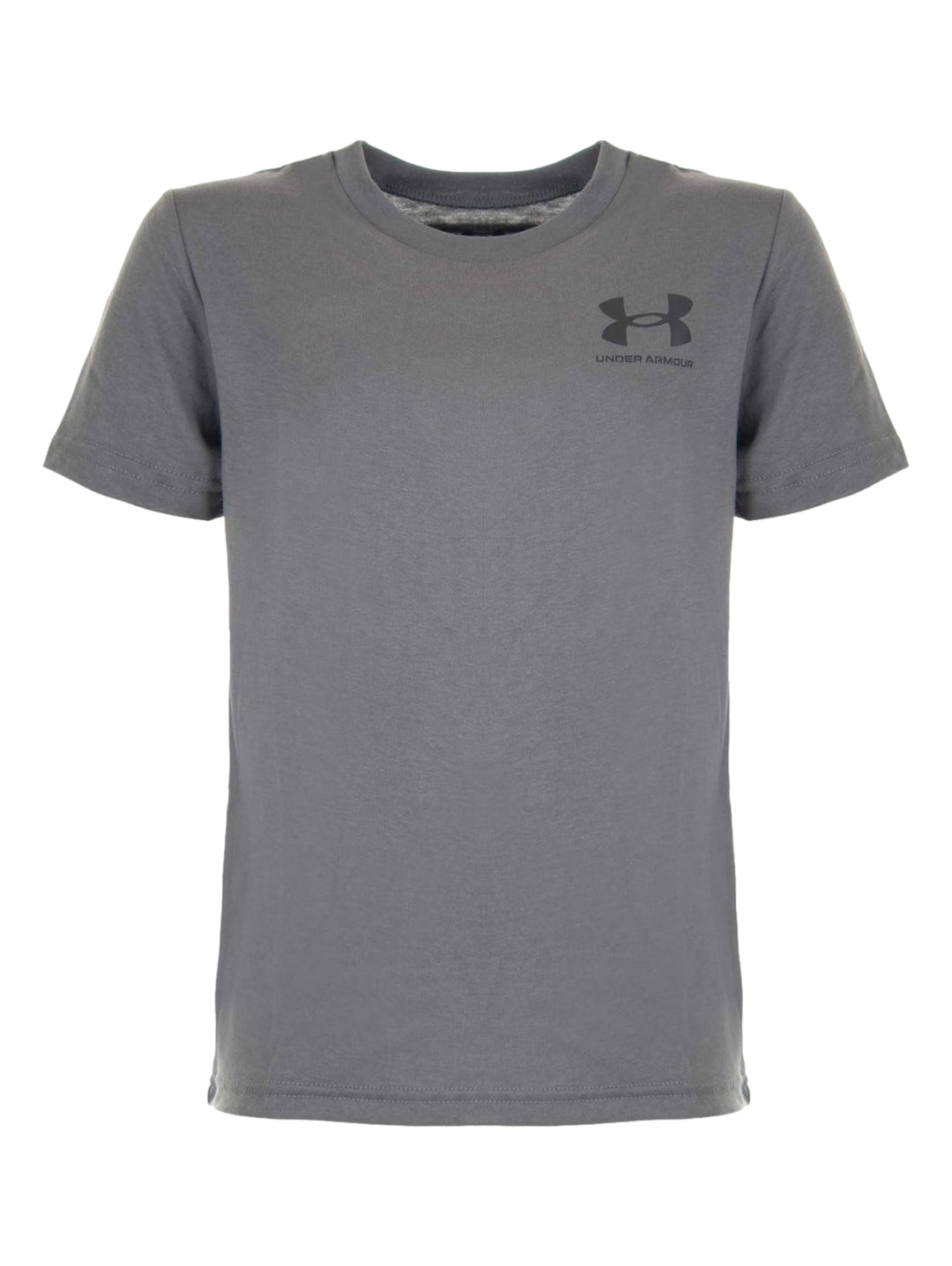 Camiseta deportiva de color gris con logo de Under Armour en el pecho izquierdo.