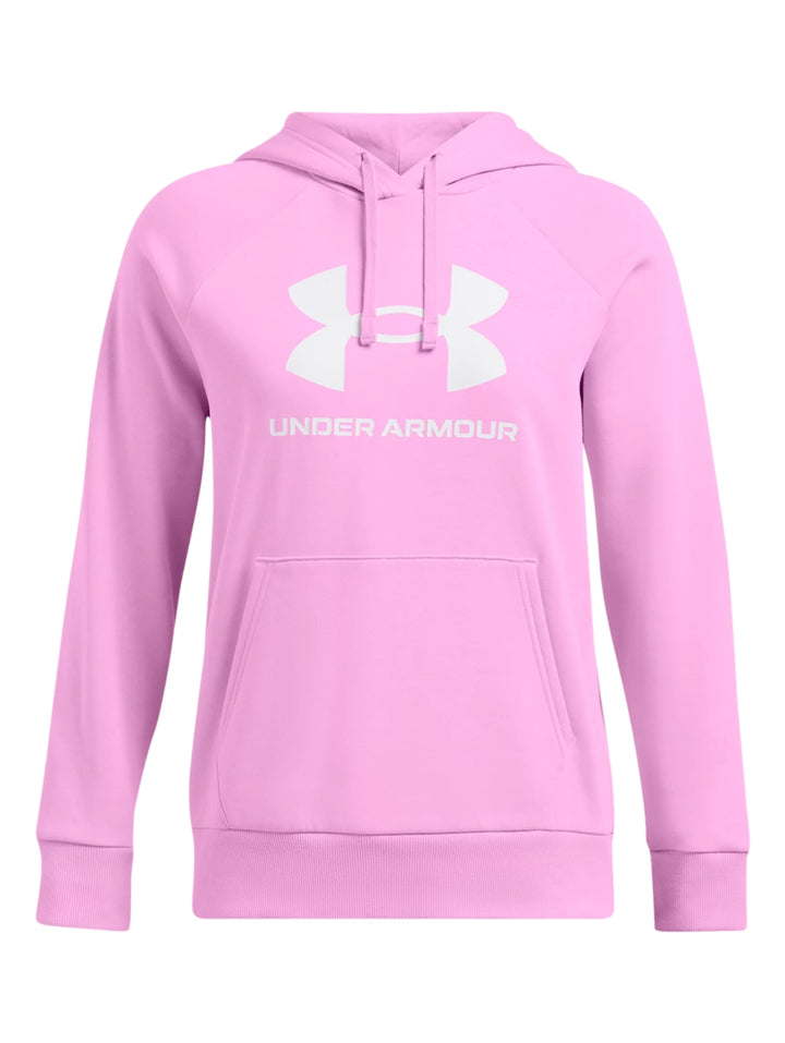 Sudadera con capucha color rosa de Under Armour con logotipo blanco grande en el pecho.