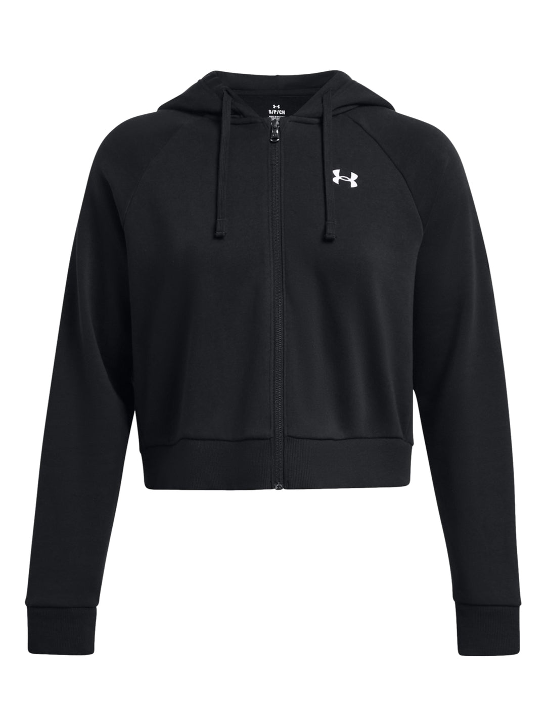 Mujer vistiendo una chaqueta deportiva negra corta con capucha y cierre frontal de Under Armour.