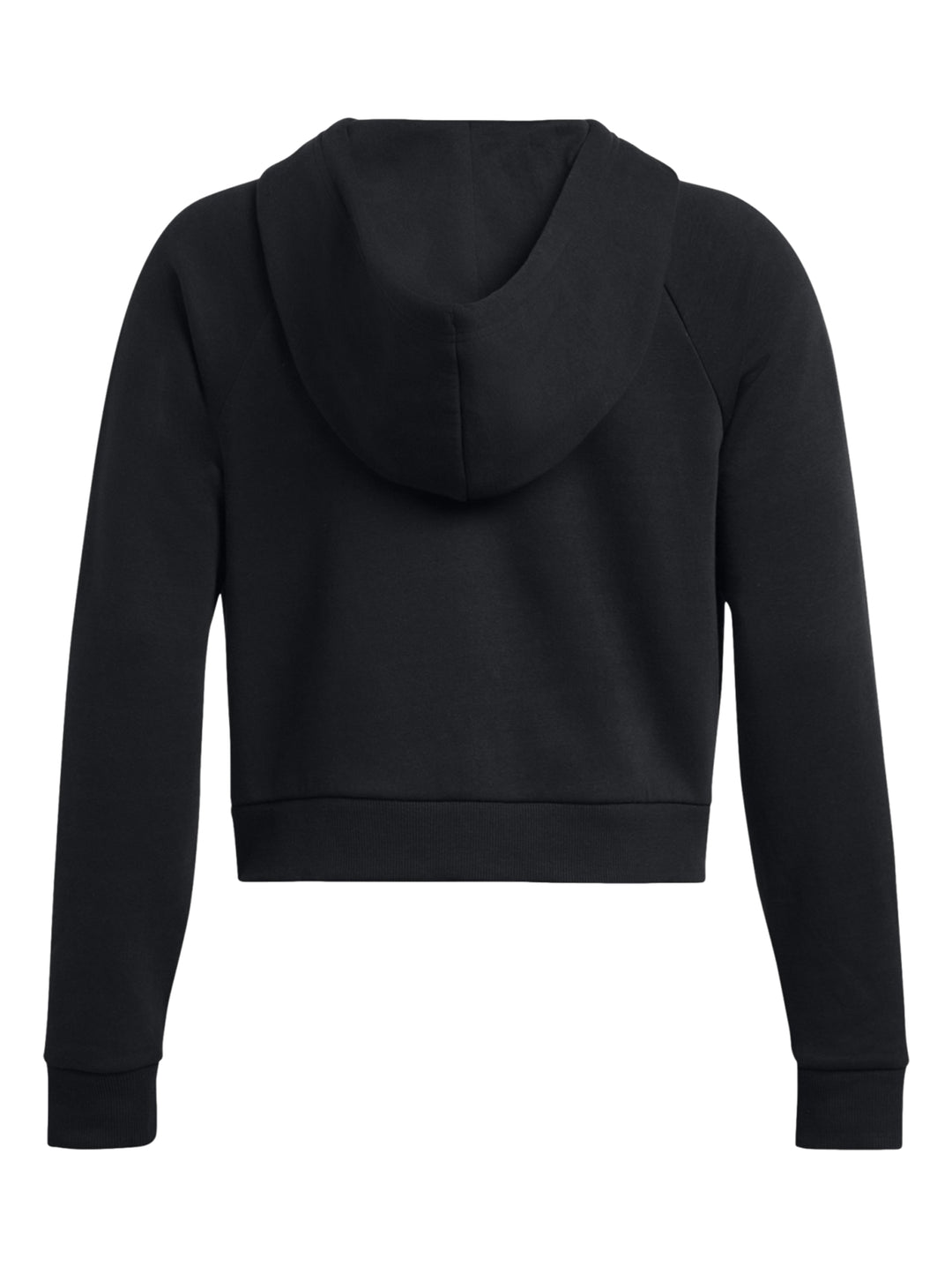 Mujer vistiendo una chaqueta deportiva negra corta con capucha y cierre frontal de Under Armour.