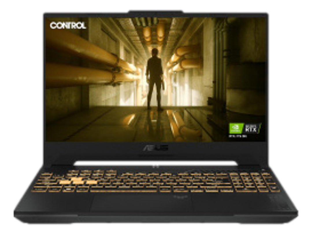 Laptop gaming ASUS de color negro con pantalla encendida mostrando un videojuego y teclado integrado.