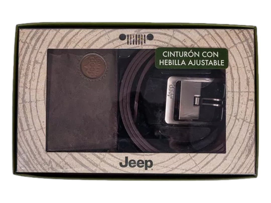Set de cartera y cinturón color café marca Jeep con hebilla plateada en caja de presentación.
