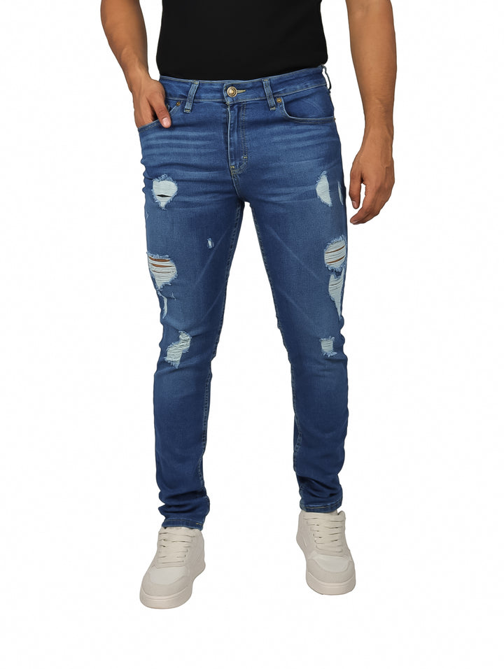Jeans Tubo EX Premium Doble Stone Azul con Destrucción