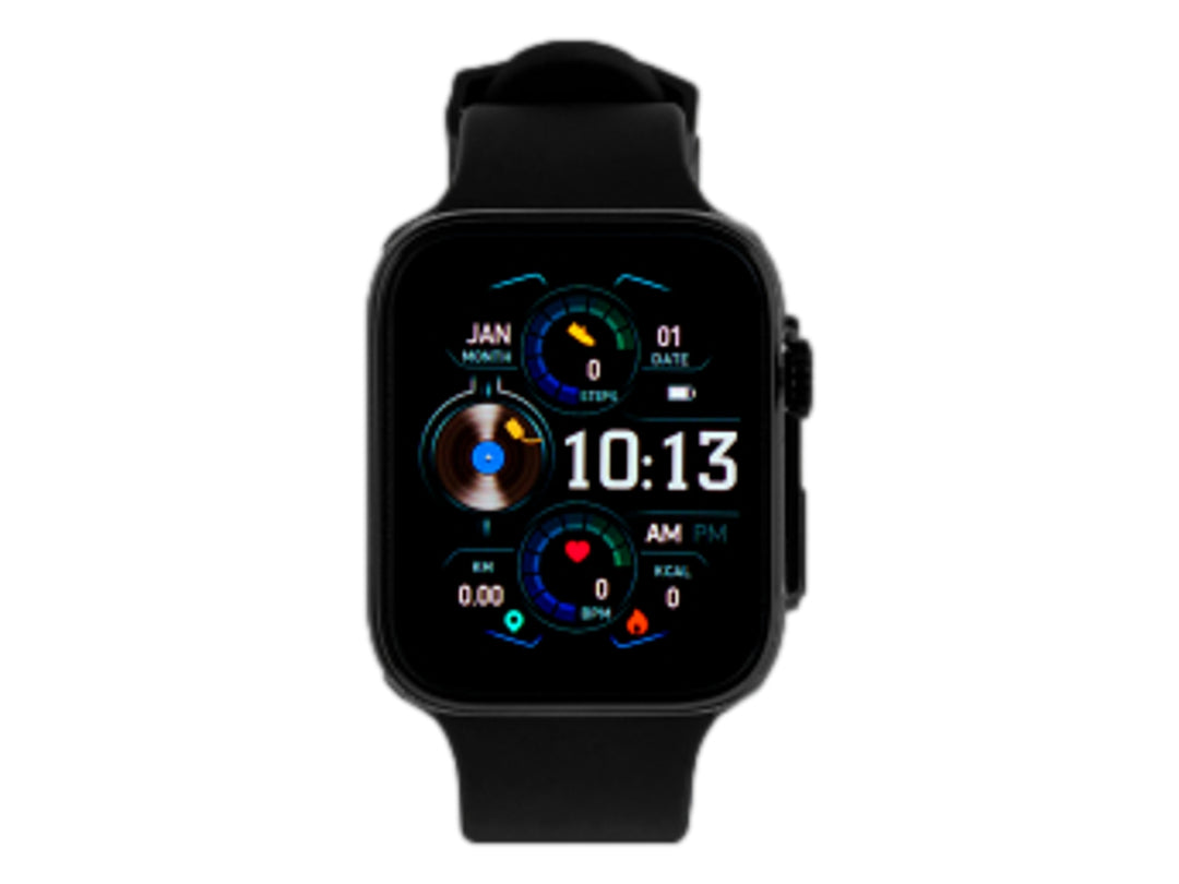 Reloj inteligente VORAGO SW-500 en color negro con pantalla digital cuadrada y correa deportiva.