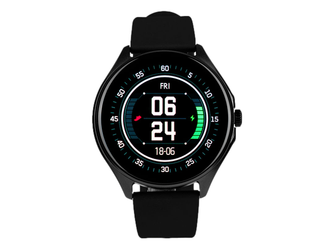 Reloj inteligente VORAGO SW-505 color negro con pantalla circular y correa sintética.