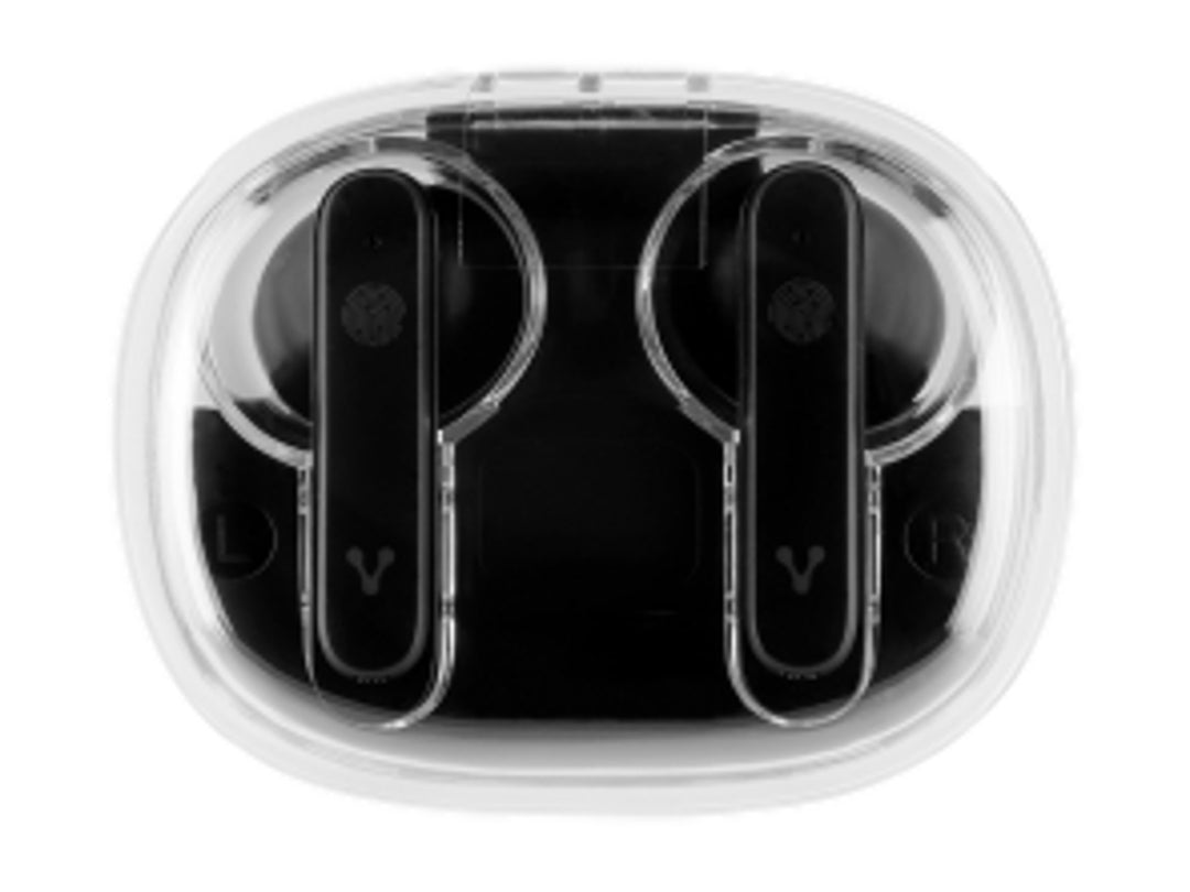 Audífonos in-ear Vorago color negro dentro de su estuche de carga transparente.
