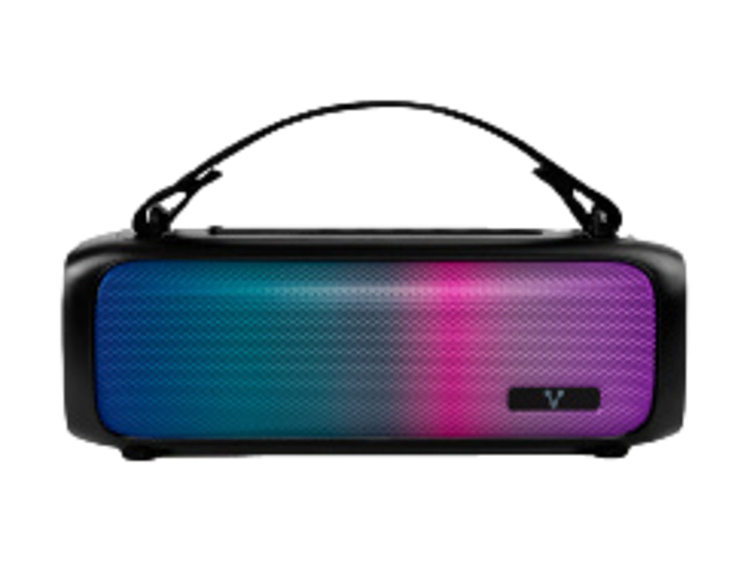 Bocina portátil Vorago color negro con rejilla frontal iluminada en colores azul y rosa y asa superior.