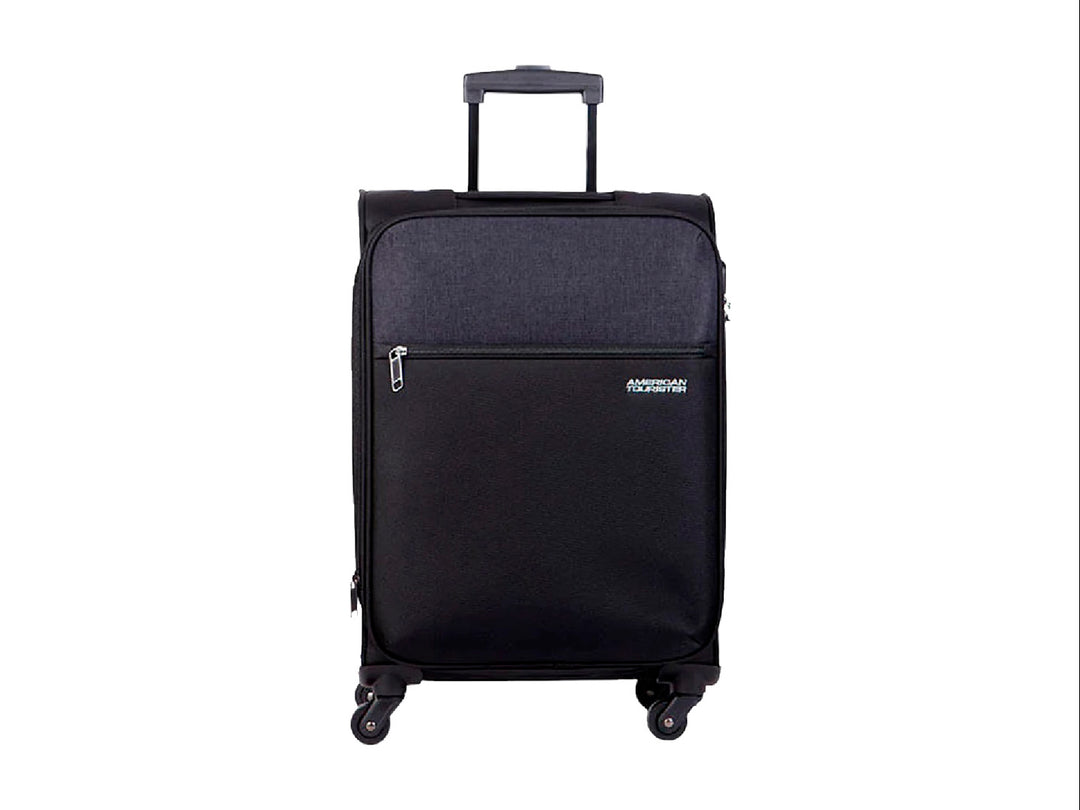 Maleta de viaje Samsonite color negro con ruedas, asa extensible y bolsillo frontal.
