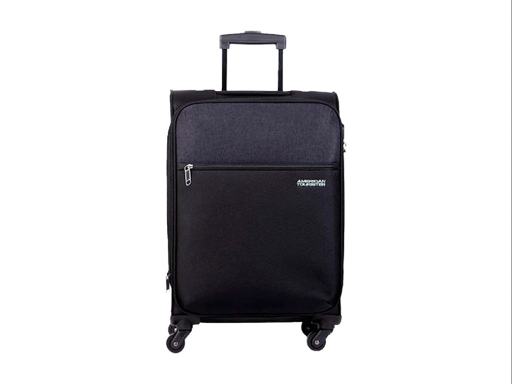 Maleta de viaje Samsonite color negro con ruedas, asa extensible y bolsillo frontal.
