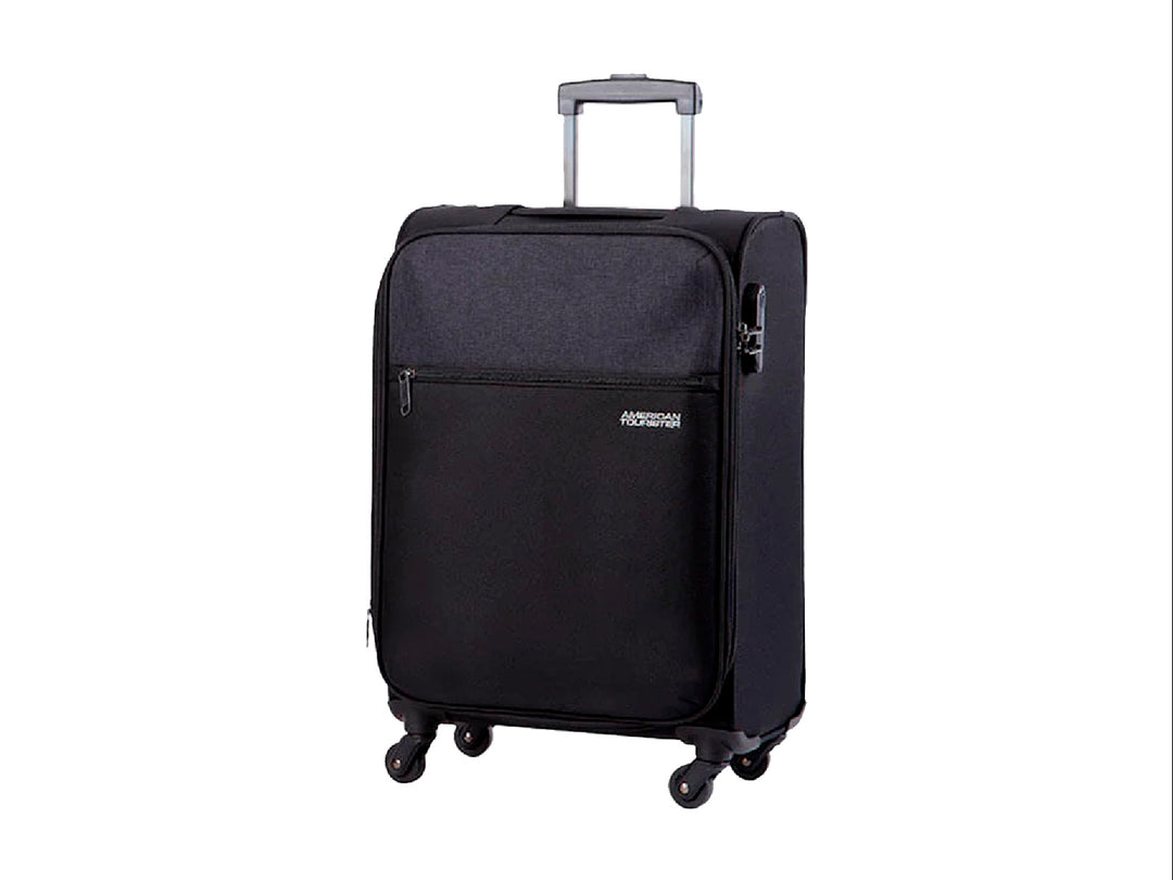 Maleta de viaje Samsonite color negro con ruedas, asa extensible y bolsillo frontal.