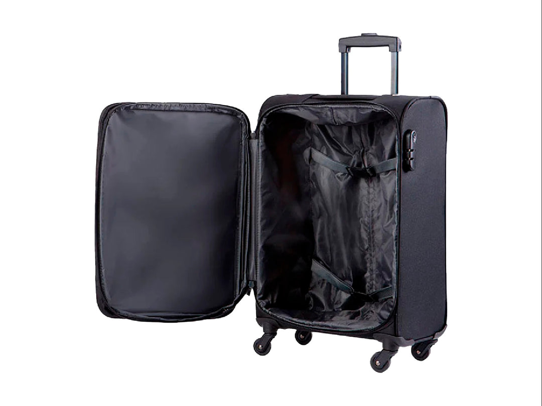 Maleta de viaje Samsonite color negro con ruedas, asa extensible y bolsillo frontal.