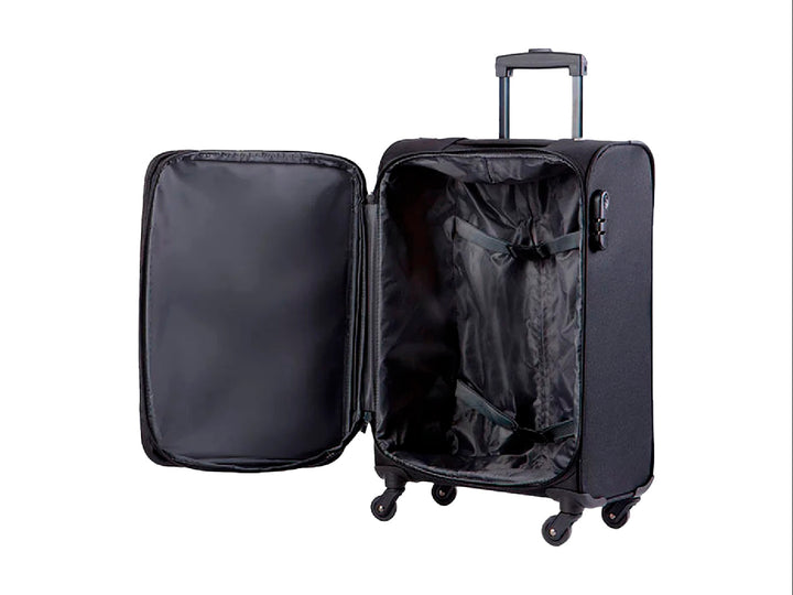 Maleta de viaje Samsonite color negro con ruedas, asa extensible y bolsillo frontal.