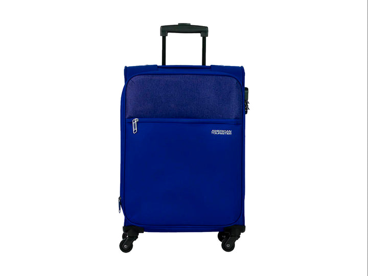 Maleta de viaje Samsonite color azul con ruedas y asa extensible.