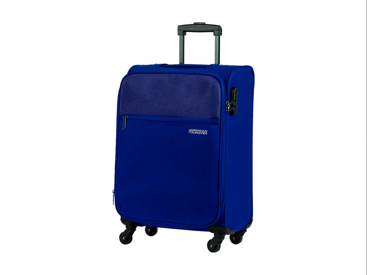 Maleta de viaje Samsonite color azul con ruedas y asa extensible.