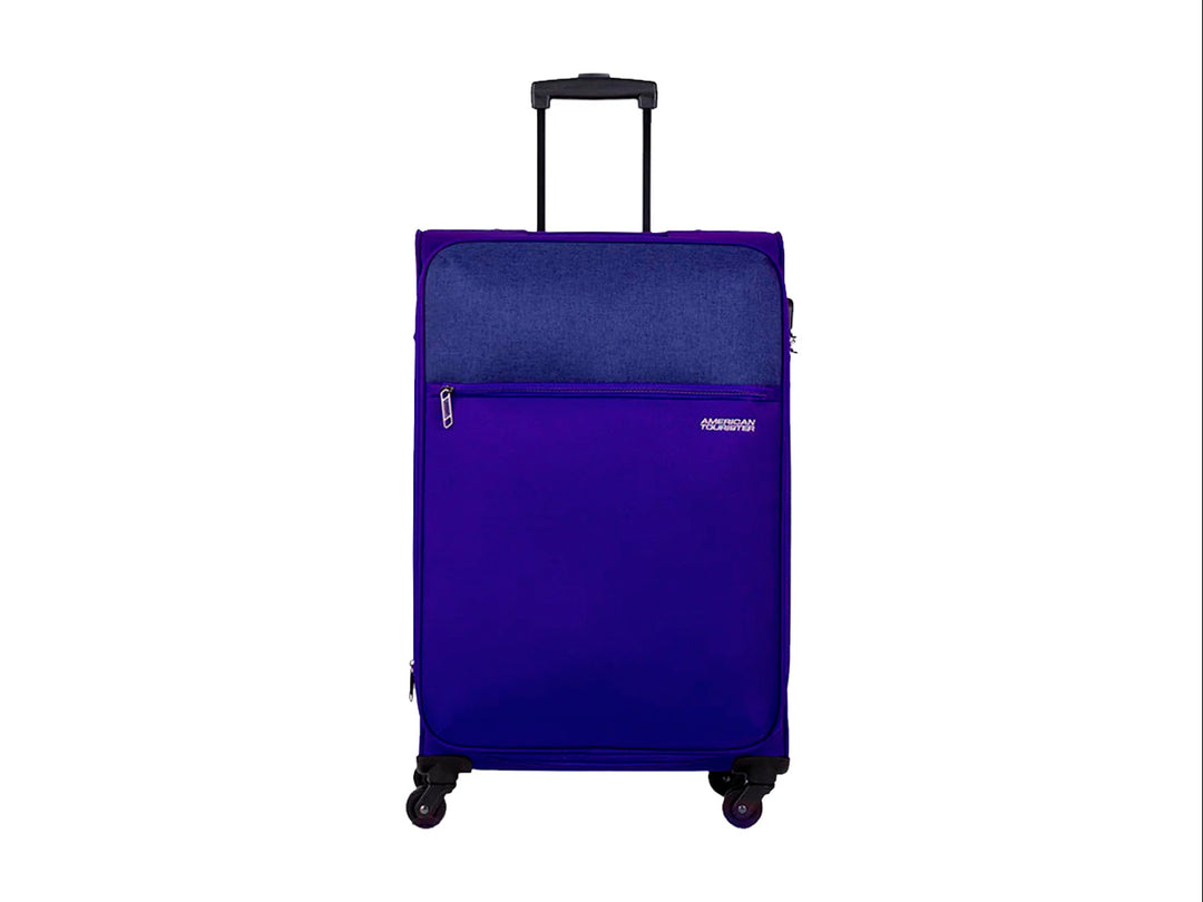 Maleta de viaje Samsonite color azul con asa extensible, ruedas y bolsillo superior.