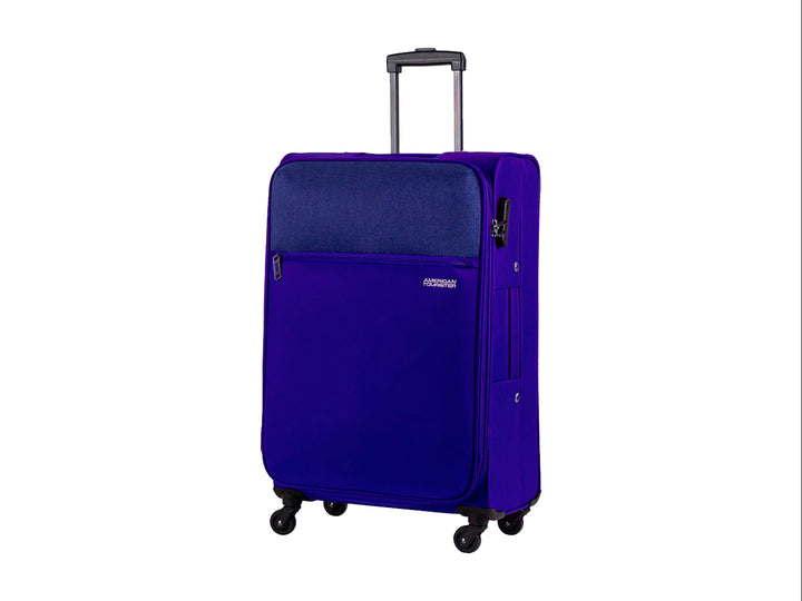 Maleta de viaje Samsonite color azul con asa extensible, ruedas y bolsillo superior.