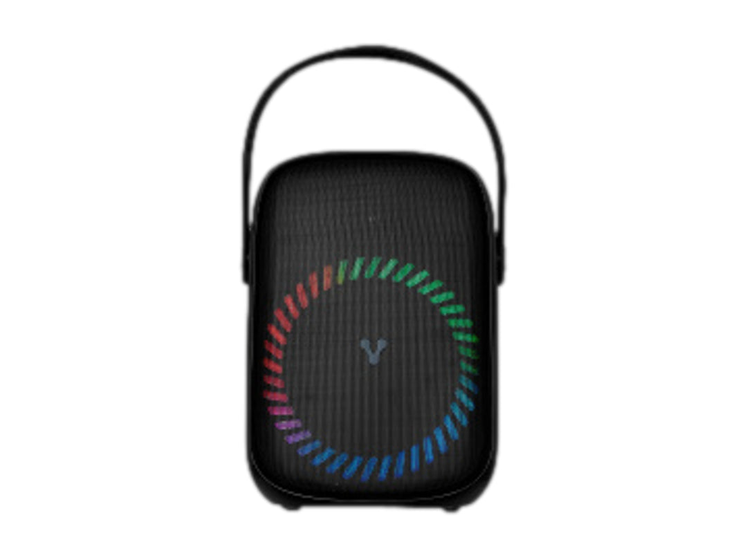 Mini bafle Vorago negro con asa superior y anillo de luces RGB multicolor en el centro.