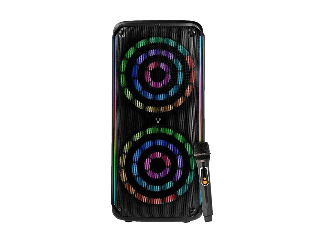 Bafle inalámbrico Vorago negro con dos bocinas iluminadas con luces LED multicolores y micrófono incluido.