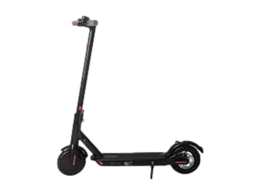 Scooter eléctrico Vorago de color negro con detalles rojos, vista lateral sobre fondo blanco.