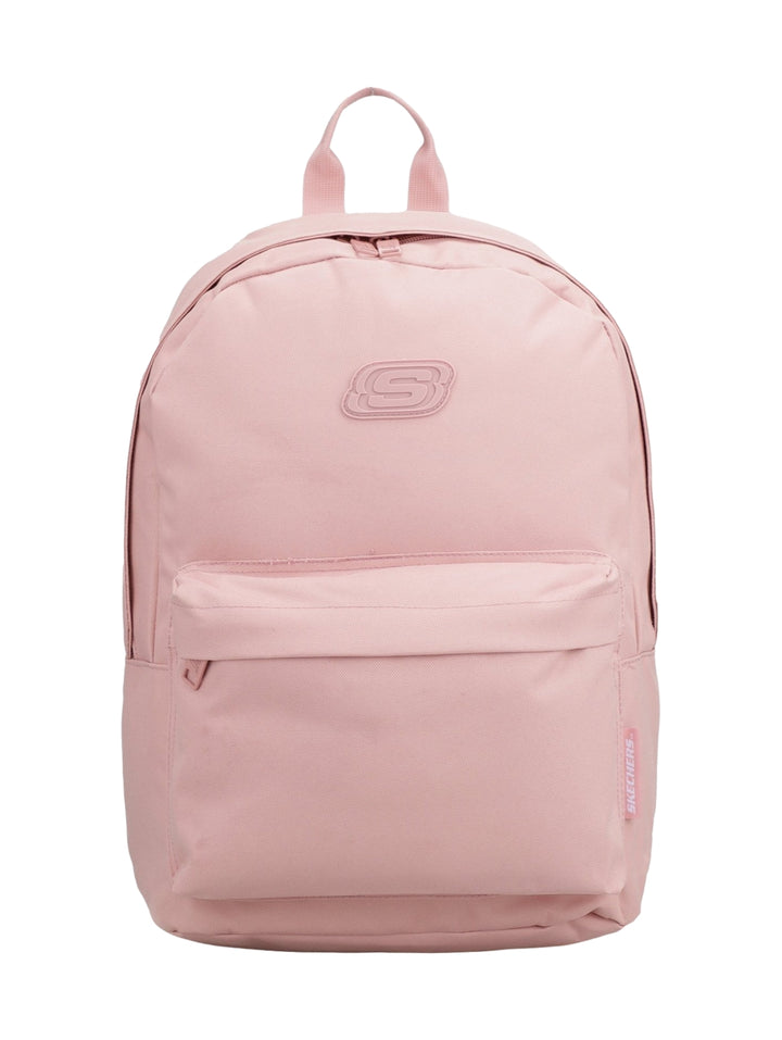 Mochila Skechers color rosa con bolsillo frontal y logotipo en relieve en la parte superior.
