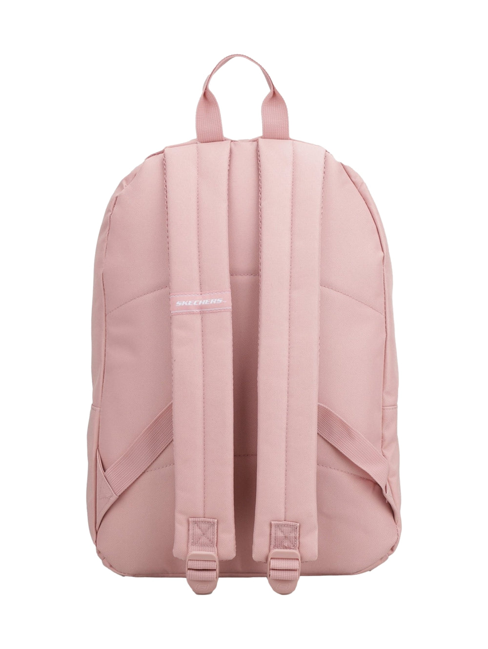 Mochila Skechers color rosa con bolsillo frontal y logotipo en relieve en la parte superior.