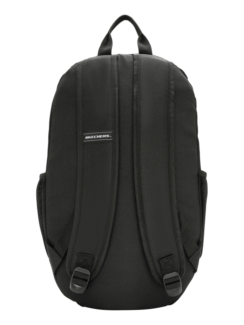 Mochila deportiva Skechers de color negro con compartimento frontal y asa superior.