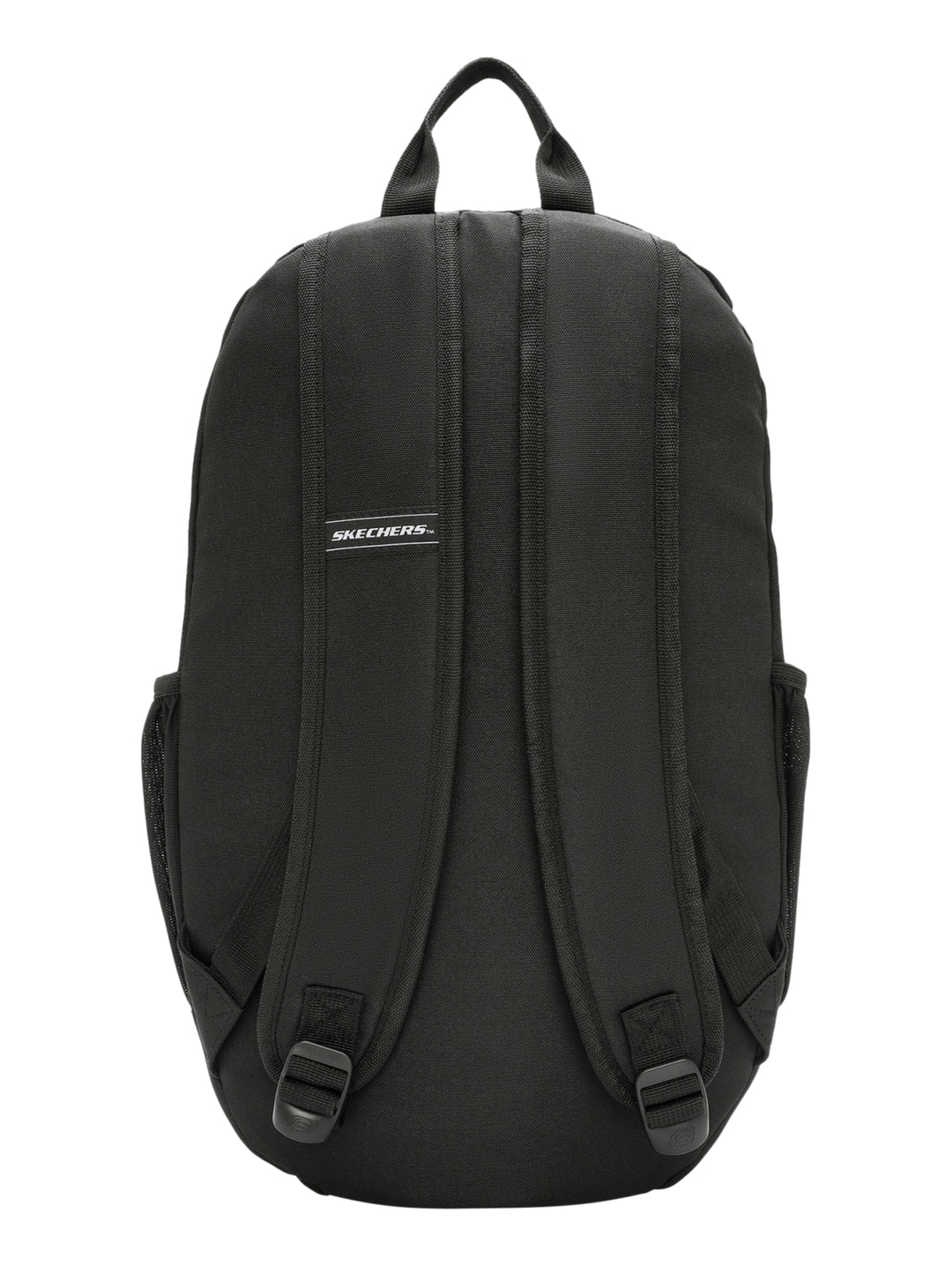Mochila deportiva Skechers de color negro con compartimento frontal y asa superior.