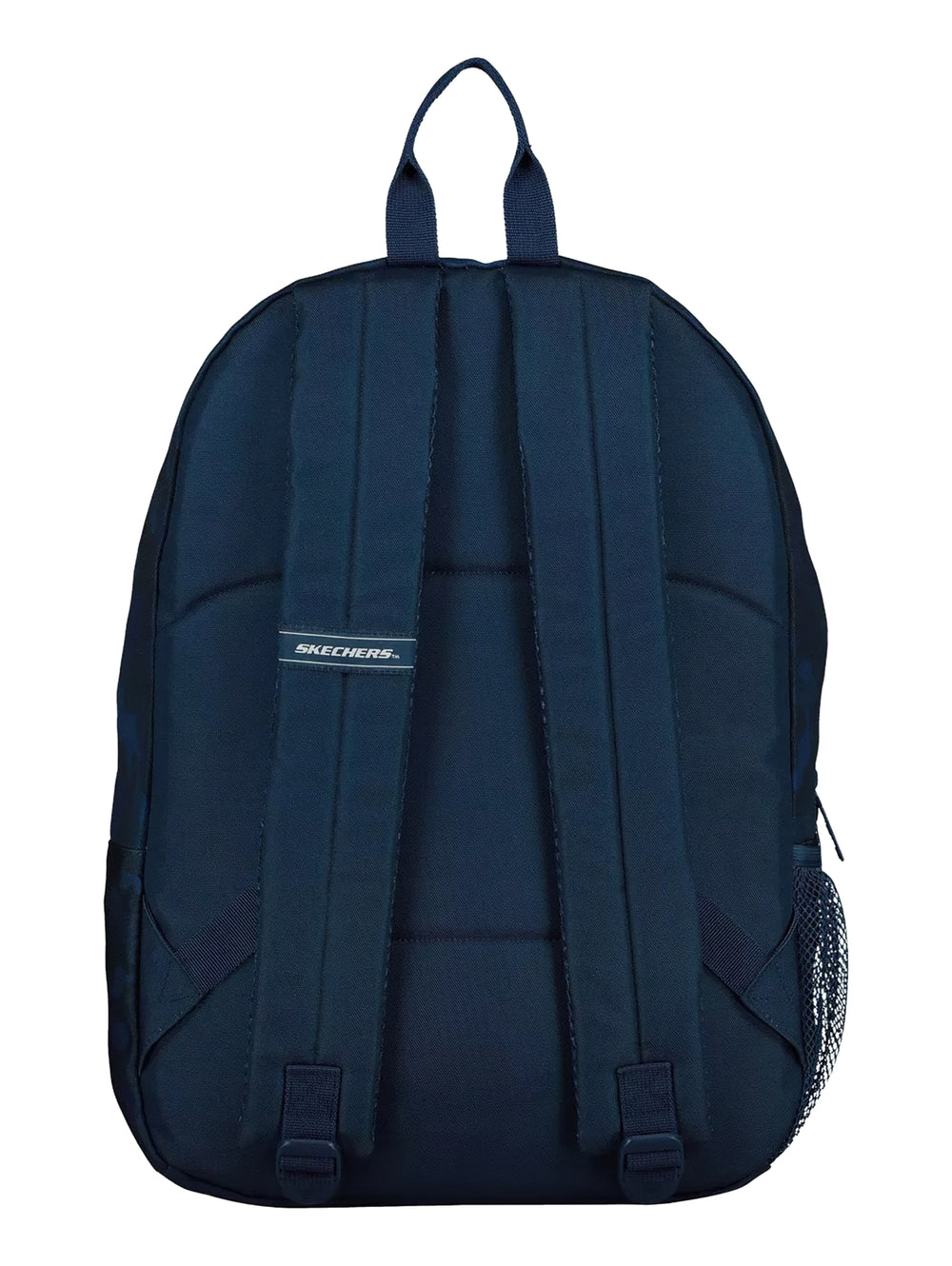 Mochila Skechers color azul marino con estampado de camuflaje, bolsillo frontal con cierre y asa superior.