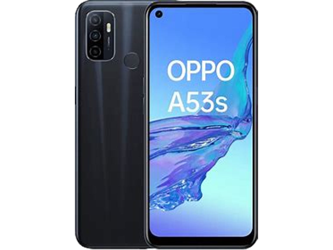 Smartphone OPPO A53s color negro, vista frontal con pantalla encendida y vista posterior con cámaras.