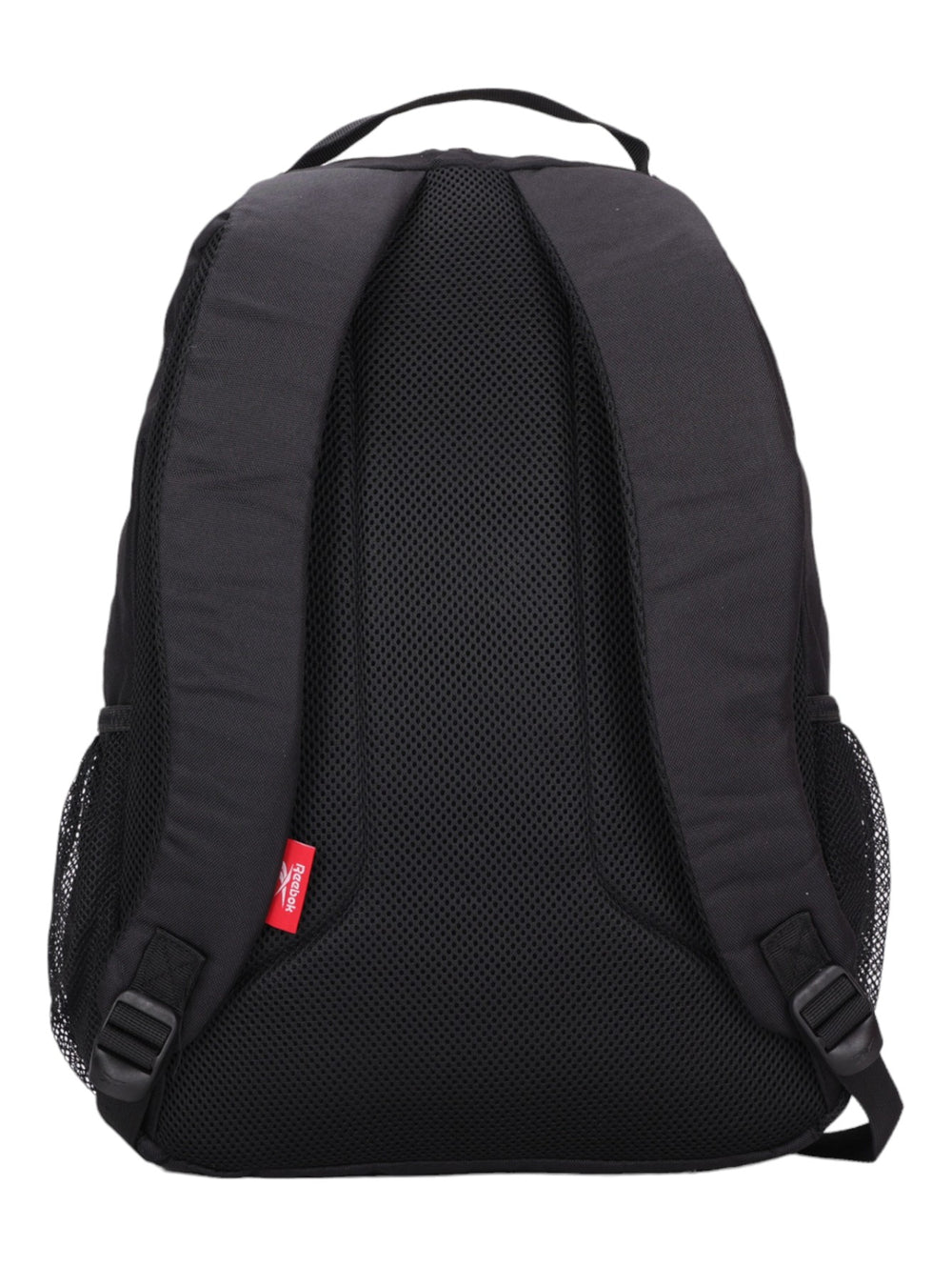 Mochila deportiva Reebok de color negro con bolsillos laterales de malla y logotipo frontal.