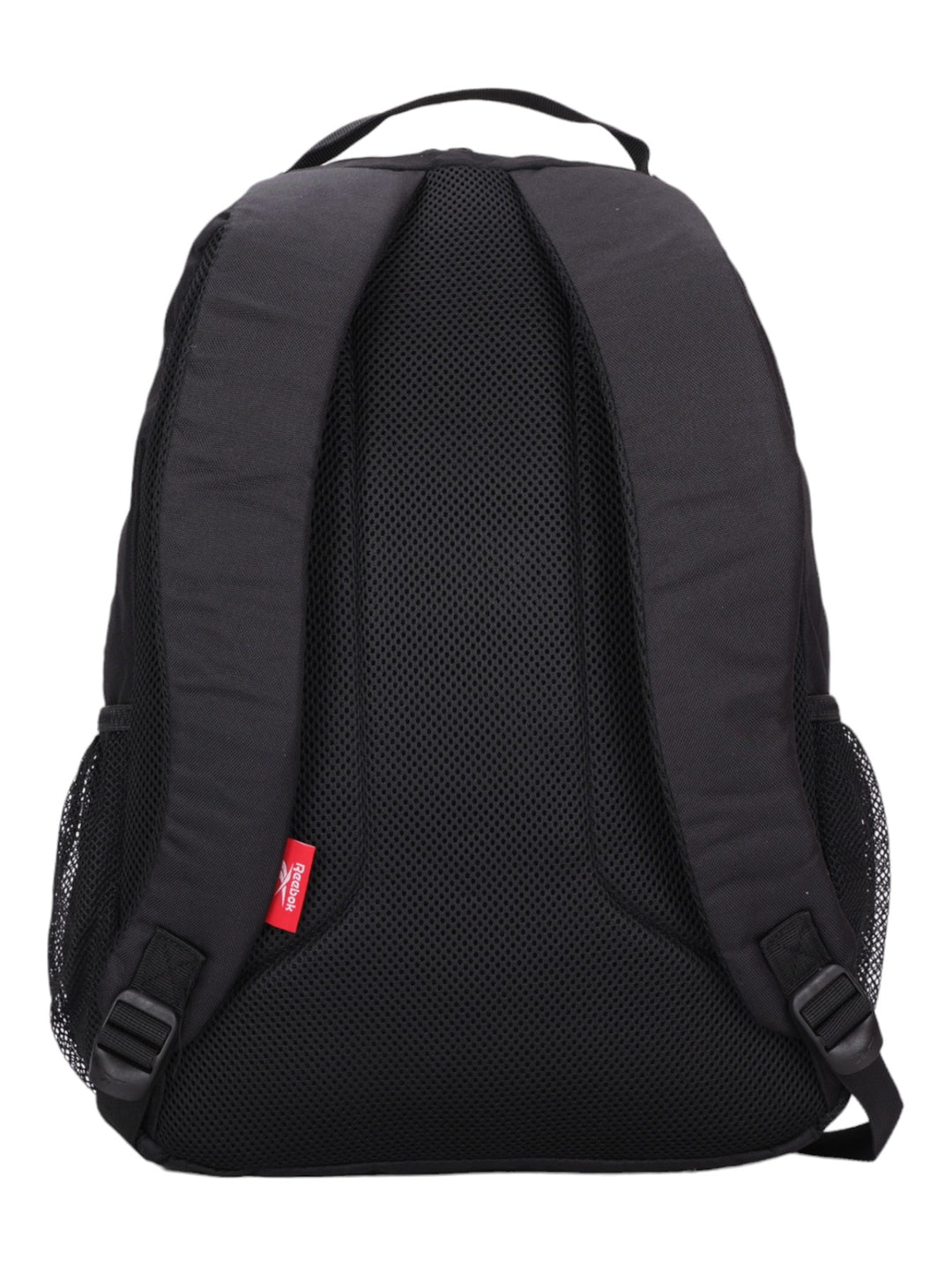 Mochila deportiva Reebok de color negro con bolsillos laterales de malla y logotipo frontal.