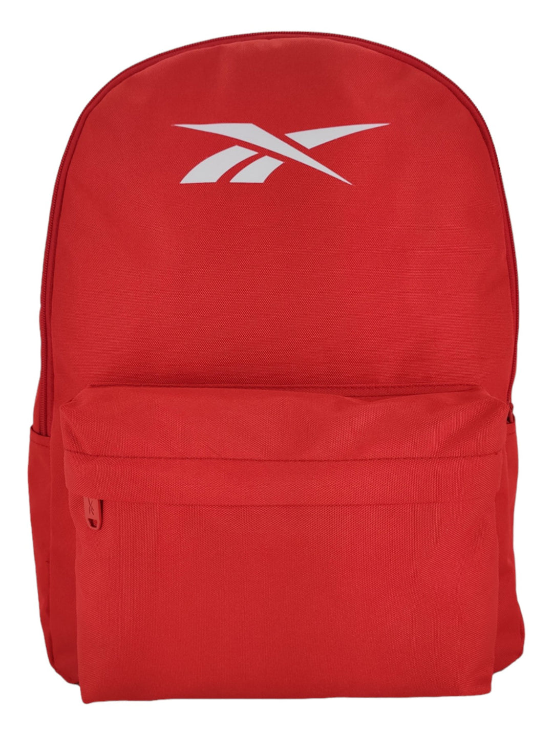 Mochila deportiva Reebok de color rojo con logotipo blanco en la parte superior y bolsillo frontal.