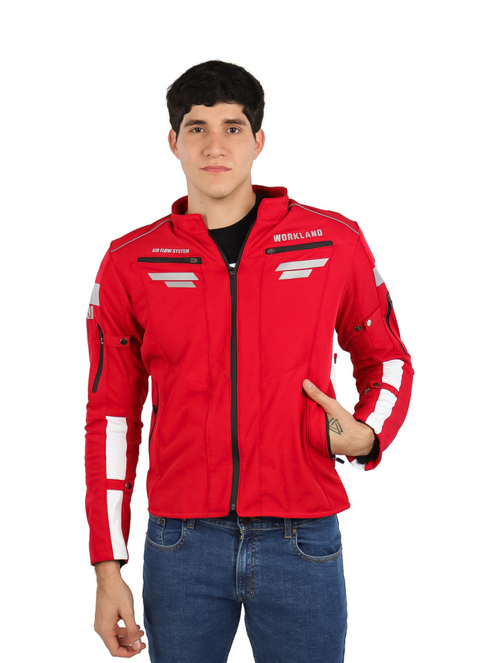 Chamarra para motociclista color rojo con detalles en blanco y negro, marca WKL.