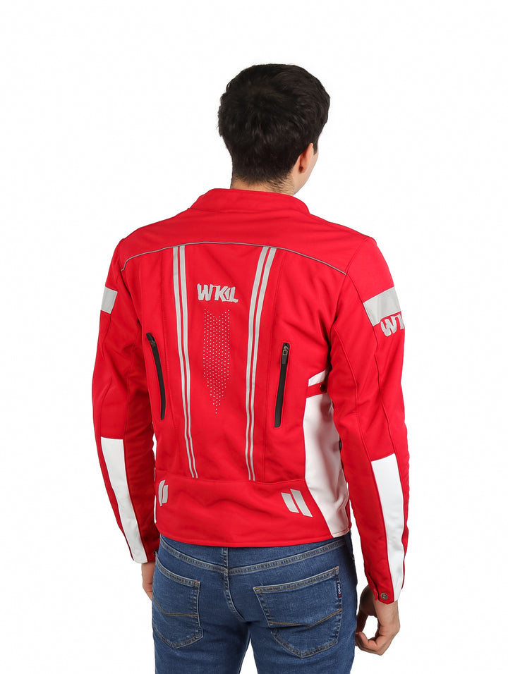 Chamarra para motociclista color rojo con detalles en blanco y negro, marca WKL.