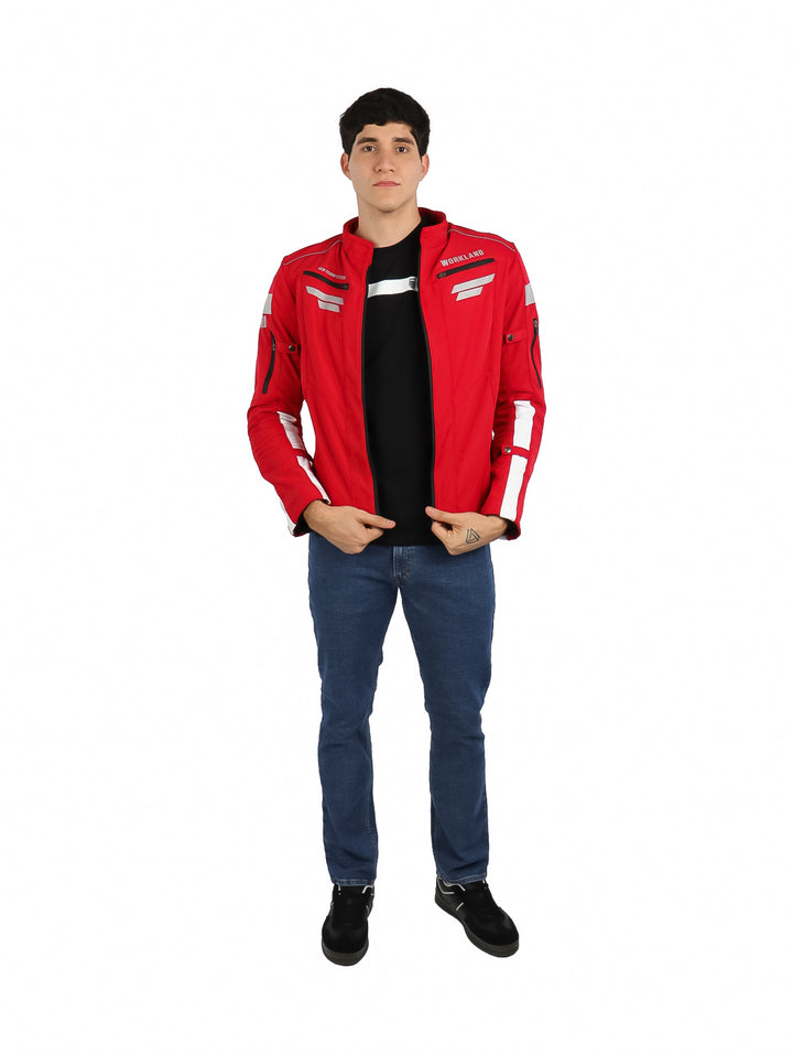 Chamarra para motociclista color rojo con detalles en blanco y negro, marca WKL.