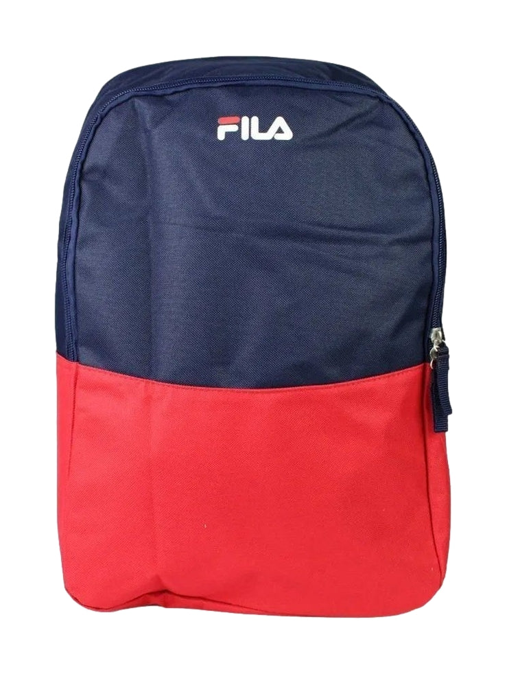 Mochila escolar Fila bicolor en azul marino y rojo con logotipo blanco en la parte superior.