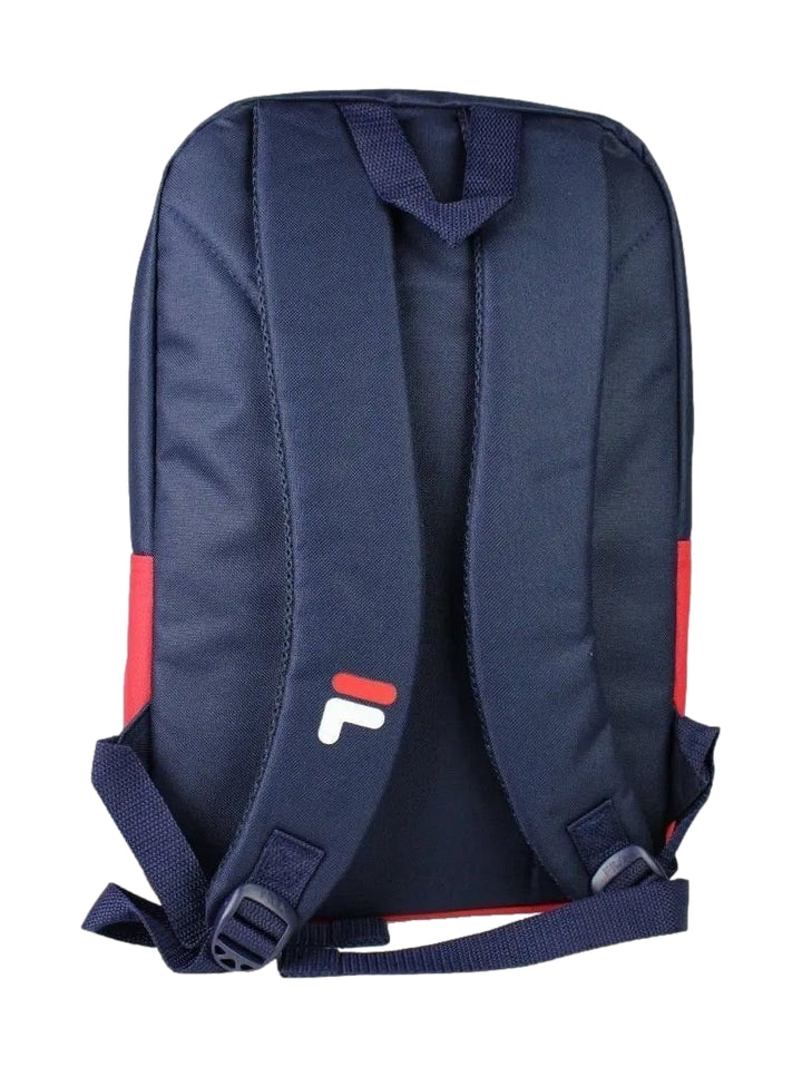 Mochila escolar Fila bicolor en azul marino y rojo con logotipo blanco en la parte superior.
