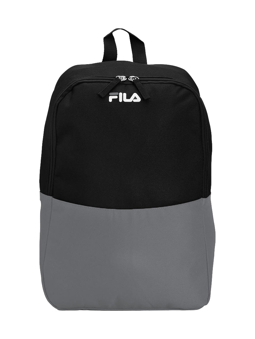 Mochila escolar FILA bicolor en negro y gris con logotipo blanco frontal.
